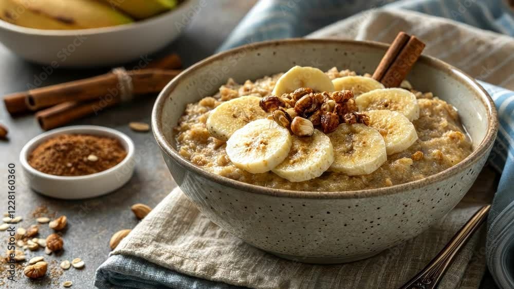 A bowl of oatmeal decorated with sliced banana and a dash of cinnamon with a small handful of chopped nuts tering the top for added texture. A bowl of oatmeal decorated with sliced banana and a dash of cinnamon with a small handful of chopped nuts tering the top for added texture.