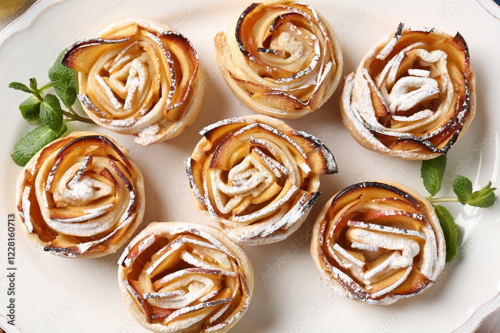Tasty apple roses with powdered sugar on plate, top view Tasty apple roses with powdered sugar on plate, top view