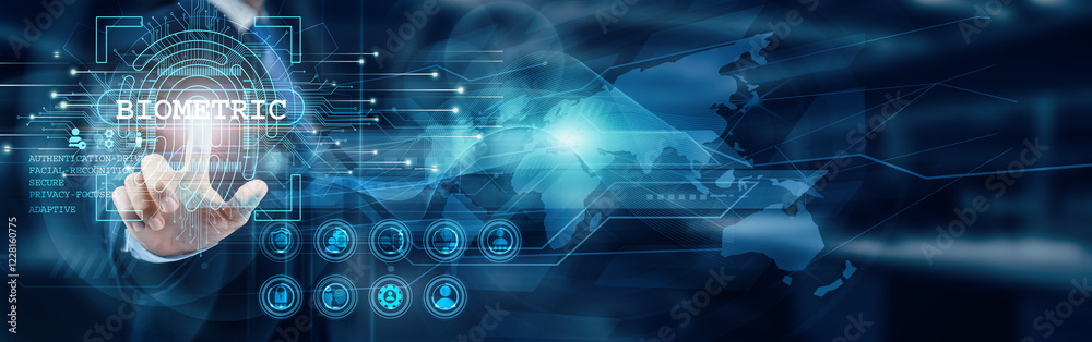 Biometric. Businessman touch word Biometric technology refers to the measurement and analysis of unique physical and behavioral characteristics, used for identification and access control. Biometric. Businessman touch word Biometric technology refers to the measurement and analysis of unique physical and behavioral characteristics, used for identification and access control.