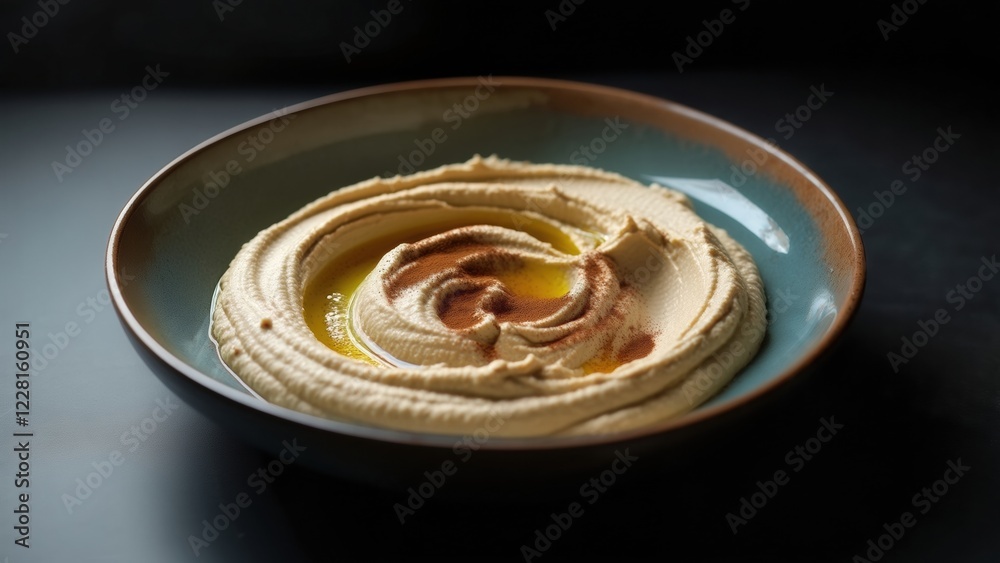 Hummus served in a rustic bowl with olive oil and spices on a dark background