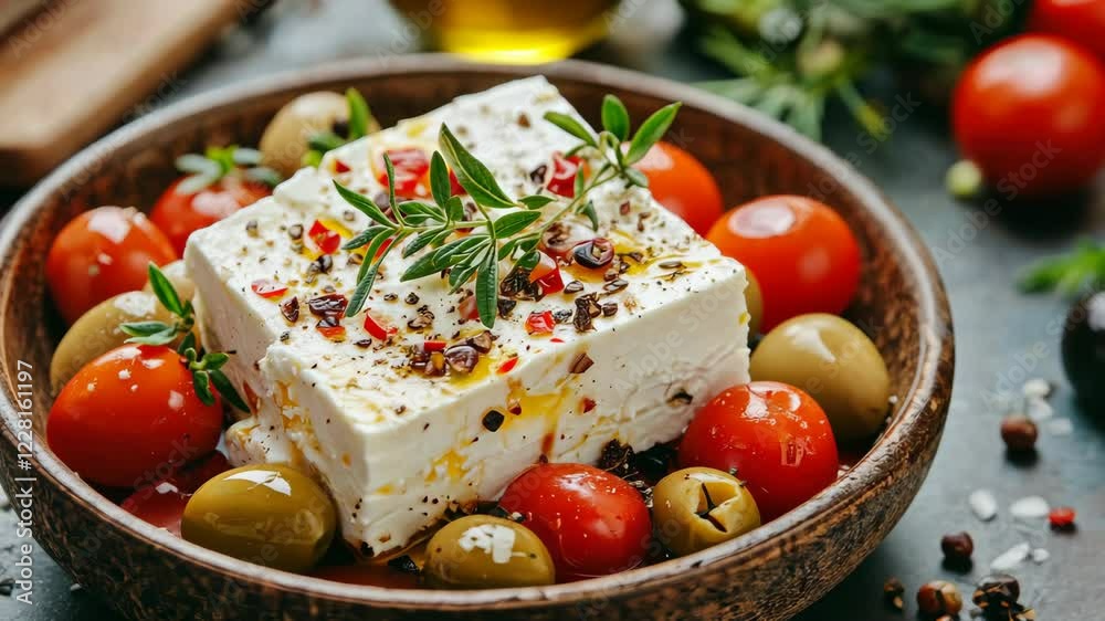 Fresh mediterranean cuisine: feta cheese, herbs, olives, and tomatoes in rustic setting Fresh mediterranean cuisine: feta cheese, herbs, olives, and tomatoes in rustic setting