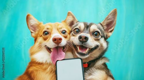 Goofy cat and dog share a joyful selfie on their fun date at a colorful backdrop