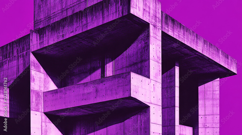 Fototapeta premium Heavy concrete architecture showcases functionalist design with purple lighting effects