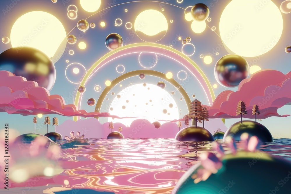 Obraz premium Surreal dreamscape with pastel clouds, glowing orbs, and miniature trees reflecting in a calm, pink water.