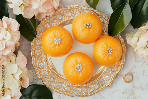 Oranges on a wooden table. generative AI