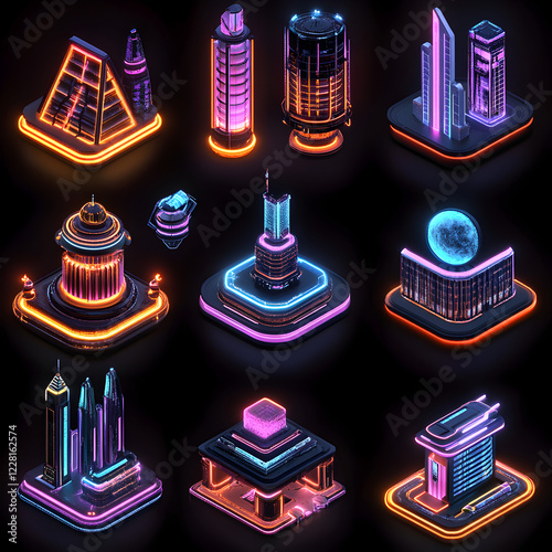 Neon Cityscape  Futuristic Buildings  Isometric  D Render