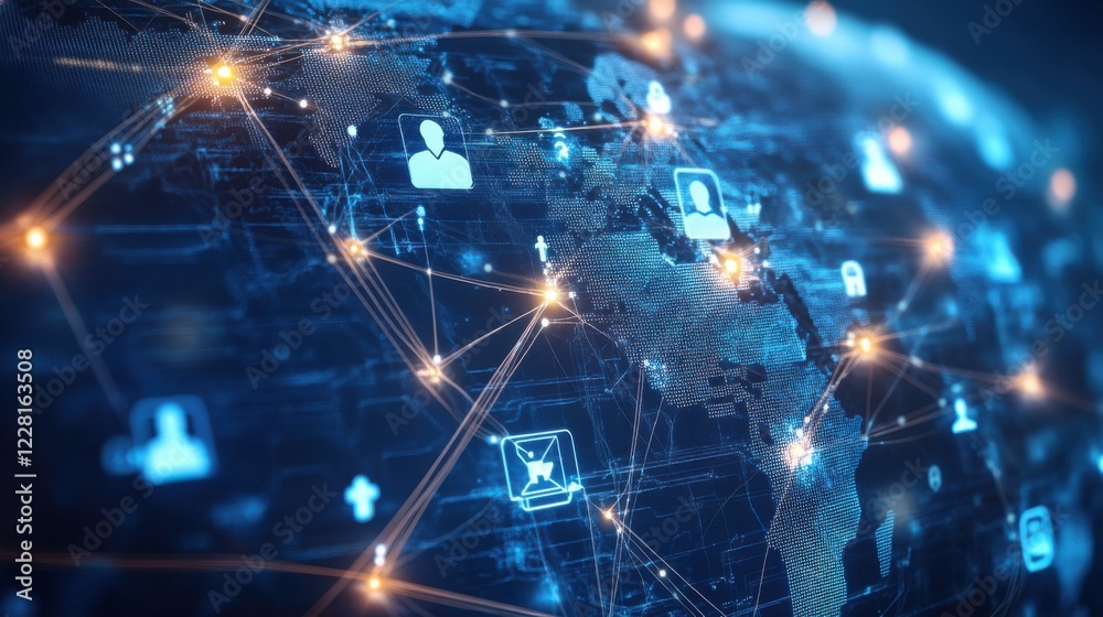 A conceptual image of interconnected social media icons forming a global network, Social media connectivity scene, Conceptual style A conceptual image of interconnected social media icons forming a global network, Social media connectivity scene, Conceptual style