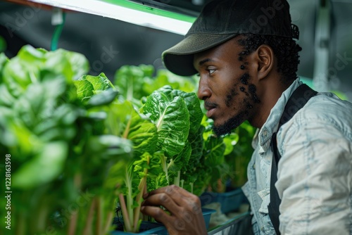 African american farmer inspects lettuce roots in a hydroponic greenhouse photo