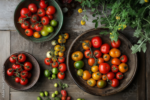 Tomato set on wooden table. generative AI