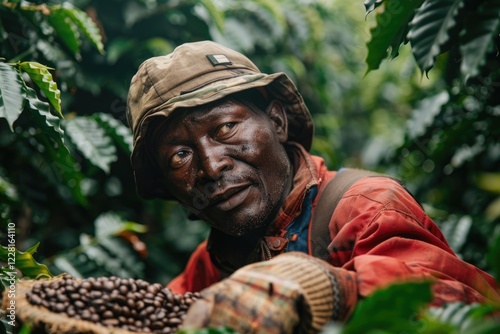 African worker is gathering coffee beans on plantation in bushy wood photo