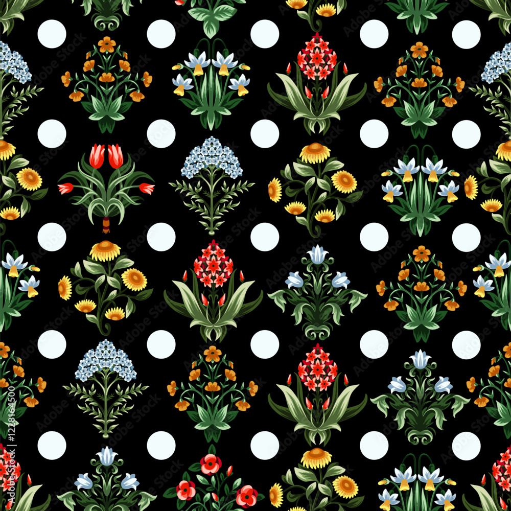 Fototapeta premium Ditsy seamless pattern with symmetrical flowers. Vector.