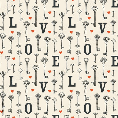 Seamless pattern on the theme of love and valentine's day. With keys, hearts and initial letters. Abstract background with hand-drawn illustrations. Suitable for wallpaper, wrapping paper, fabric