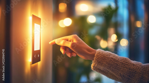 Woman's hand activates smart touch panel light switch in modern office setting during evening hours
