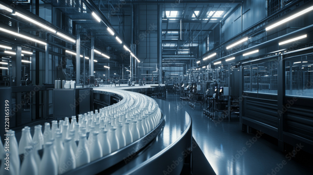 Fototapeta premium Milk bottles on the production line in a dairy factory.