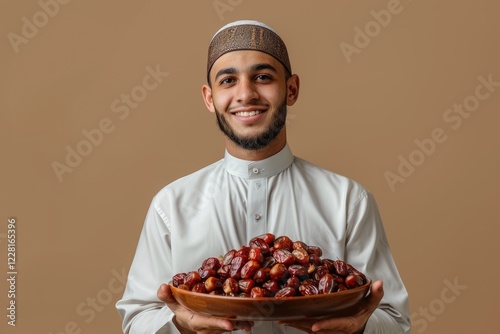 Young Muslim man with dates on beige background. Ramadan celebration photo