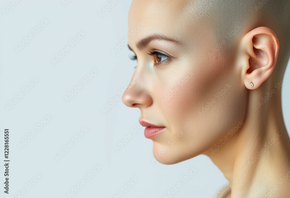 Photorealistic portrait of a bald woman from the side Photorealistic portrait of a bald woman from the side