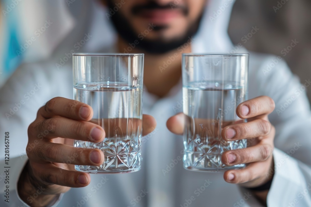 Arab man promotes hydration and wellness in Middle Eastern culture. Arab man promotes hydration and wellness in Middle Eastern culture.