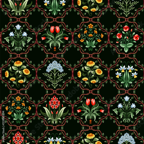 Ditsy seamless pattern with symmetrical flowers. Vector.