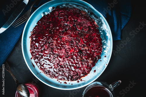 Cherry chocolate clafutis on a light blue plate on a dark background. French pie according to a traditional recipe. A quick homemade dessert. photo
