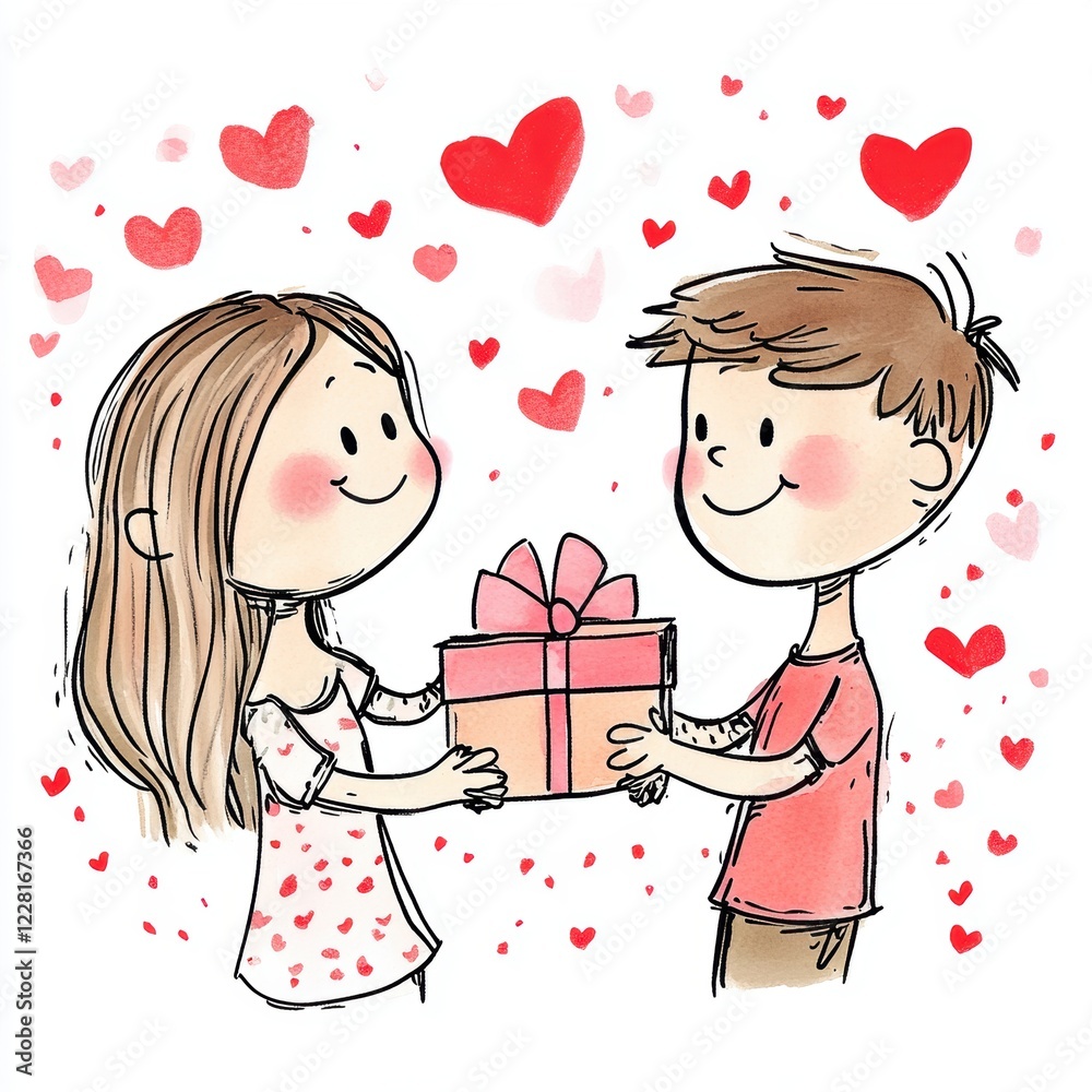 Happy Valentine’s Day greeting card with lovely couple and gift box. Happy Valentine’s Day greeting card with lovely couple and gift box.