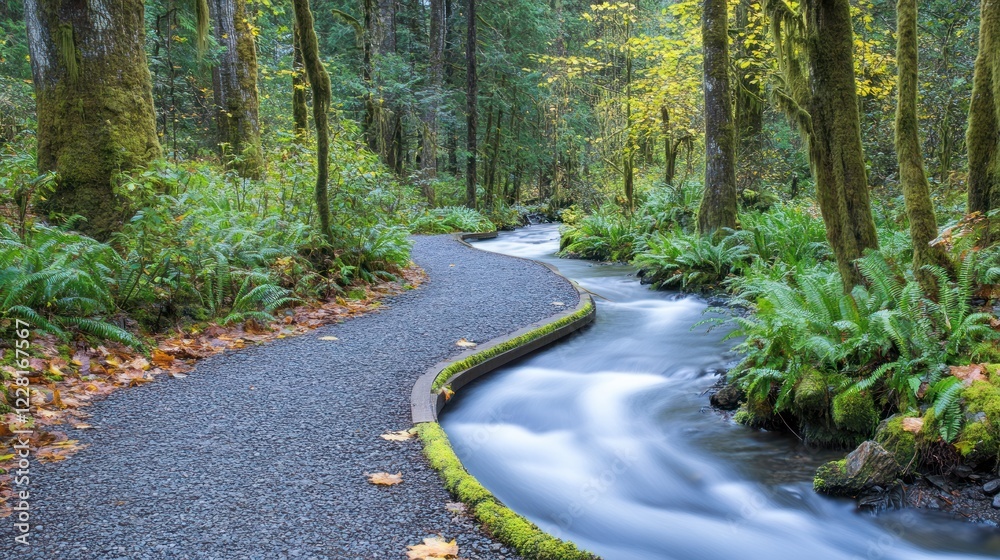 Naklejka premium Forest Trail Winding Beside a Gentle Stream