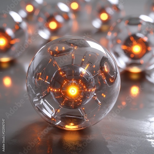 3D tech spheres with glowing energy cores and transparent shells