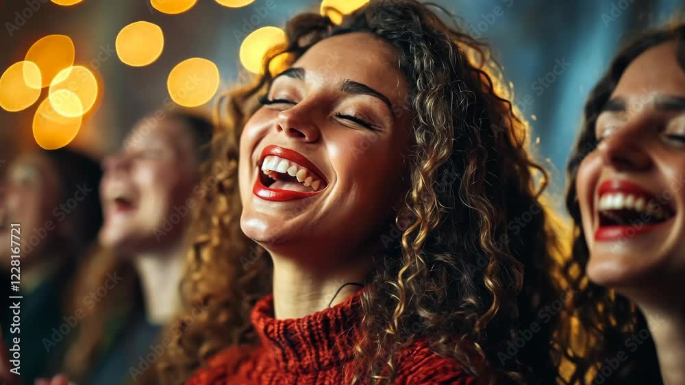 Joyful women laughing together at night with festive lights in background Joyful women laughing together at night with festive lights in background