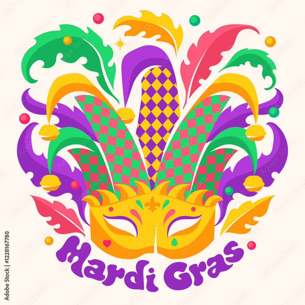 Obraz premium Venetian carnival mask Mardi Gras. Jesters hat with bells. Poster for the Fat Tuesday festival.