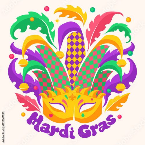 Venetian carnival mask Mardi Gras. Jesters hat with bells. Poster for the Fat Tuesday festival.