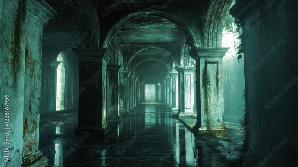 A flooded ancient hallway with mossy columns and arches A flooded ancient hallway with mossy columns and arches