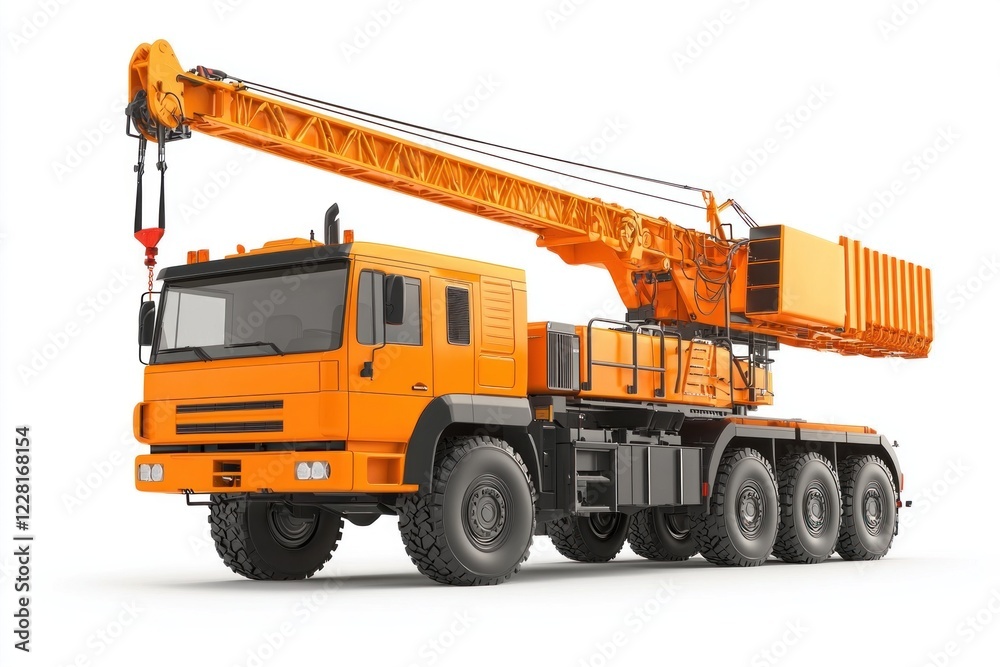 Crane Truck realistic isolated on white background. Heavy Machinery. Construction Vehicle. Mobile Crane. Truck with Crane Arm. Crane Truck Design Element. Realistic Crane Truck isolated for Designers. Crane Truck realistic isolated on white background. Heavy Machinery. Construction Vehicle. Mobile Crane. Truck with Crane Arm. Crane Truck Design Element. Realistic Crane Truck isolated for Designers.