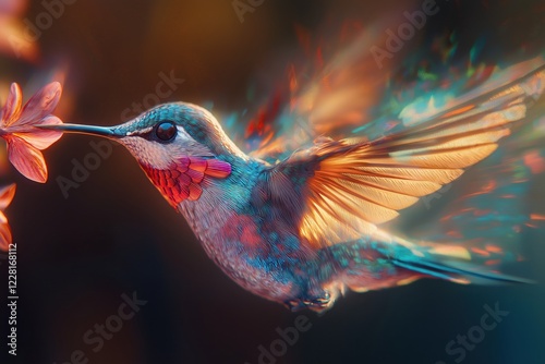 Hummingbird in Flight: Iridescent Feathers and Blurred Wings photo