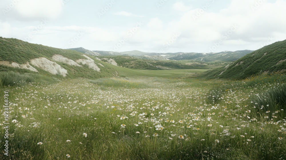 Fototapeta premium Rolling Hills Meadow Abundant With Daisies
