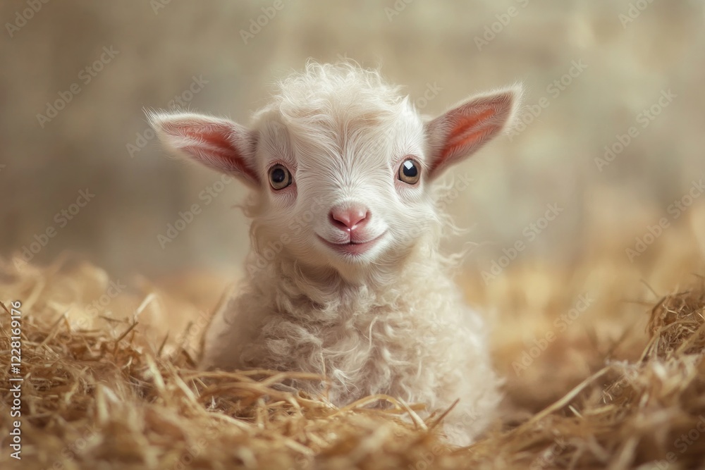 Fototapeta premium Adorable Fluffy Lamb in Hay