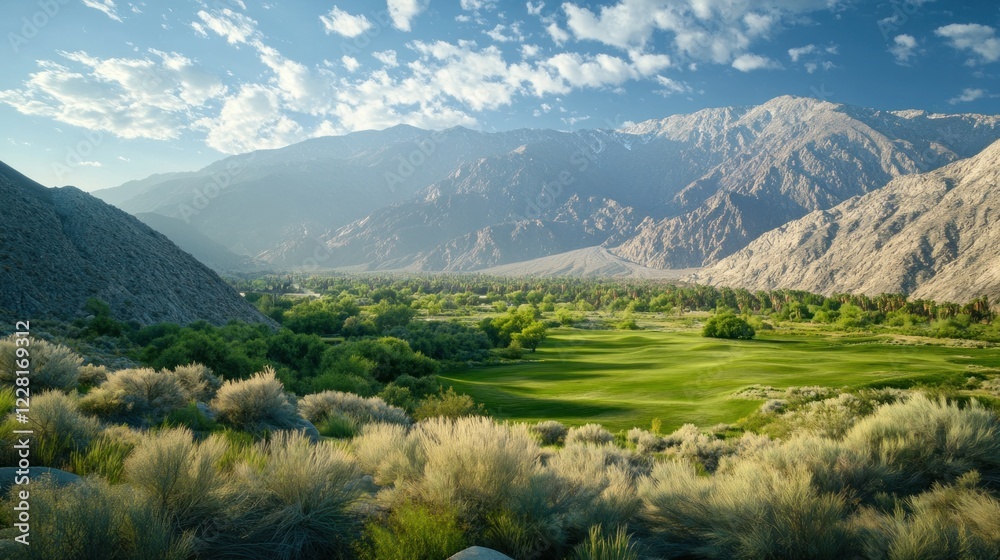 Fototapeta premium Mountainous landscape showcasing a verdant golf course