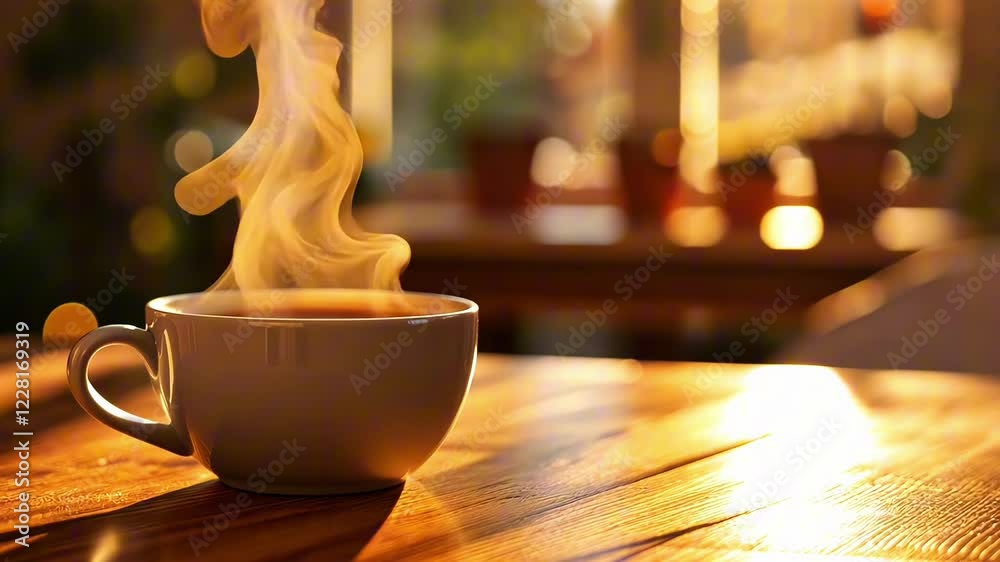 Aromatic steam rising from a hot cup of coffee placed on a wooden table in a cozy cafe