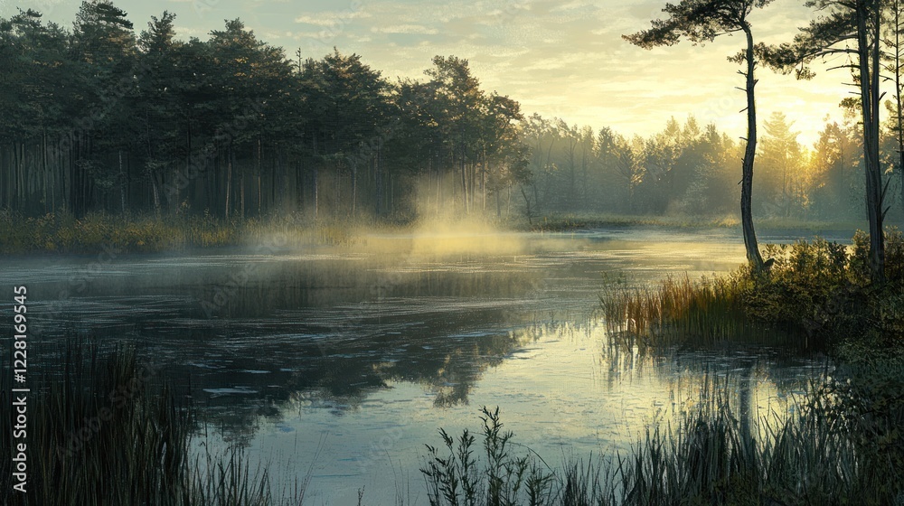 Obraz premium Serene Sunrise Over Misty Forest Lake