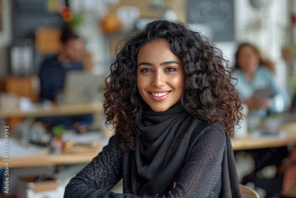 Beautiful Middle Eastern manager in creative office with colleagues working. Beautiful Middle Eastern manager in creative office with colleagues working.