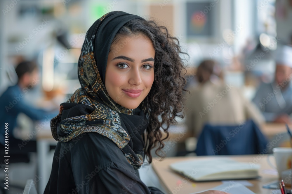 Beautiful Middle Eastern manager in creative office with colleagues working. Beautiful Middle Eastern manager in creative office with colleagues working.