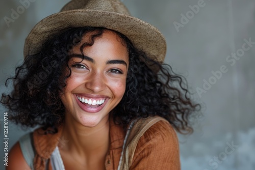 Happy multiethnic female smiling sincerely  expressing joy and positivity.