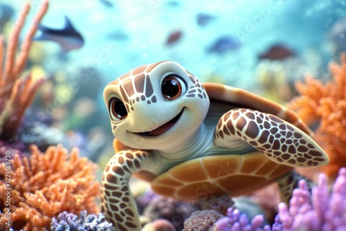 Adorable Baby Sea Turtle in Vibrant Coral Reef