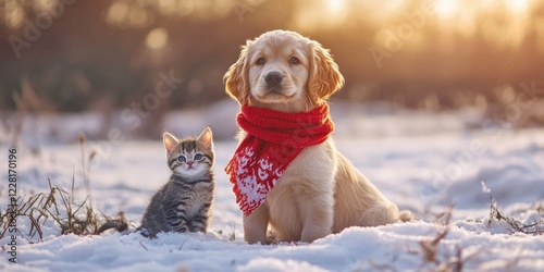 Adorable Golden Retriever Puppy and Kitten in Winter Wonderland