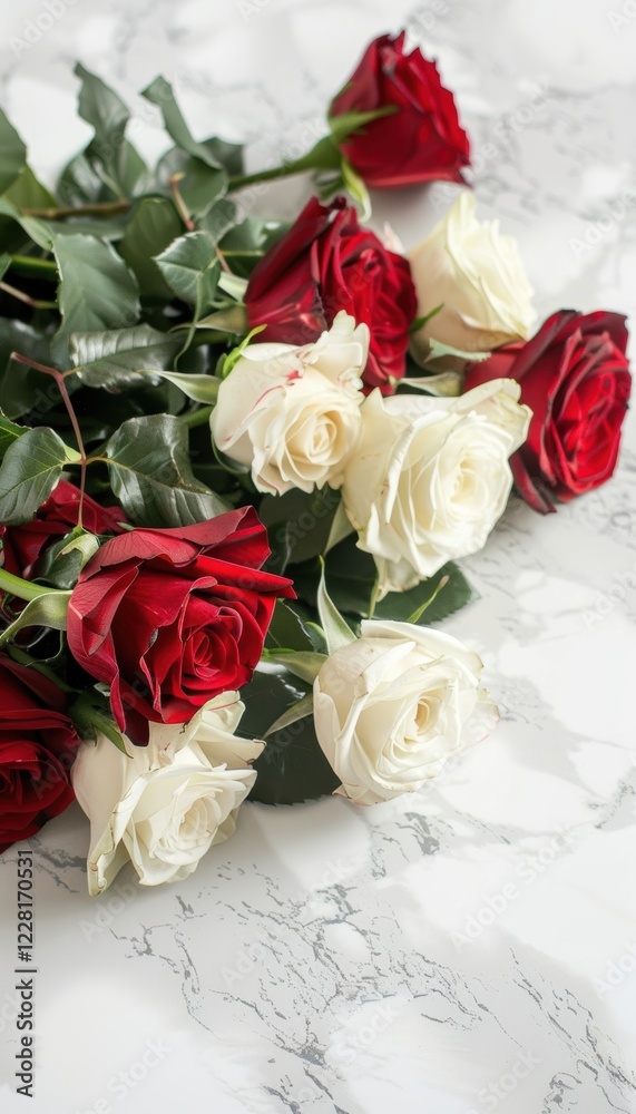 Fototapeta premium Elegant Red and White Rose Bouquet on Luxurious Marble for Romantic Decoration and Design
