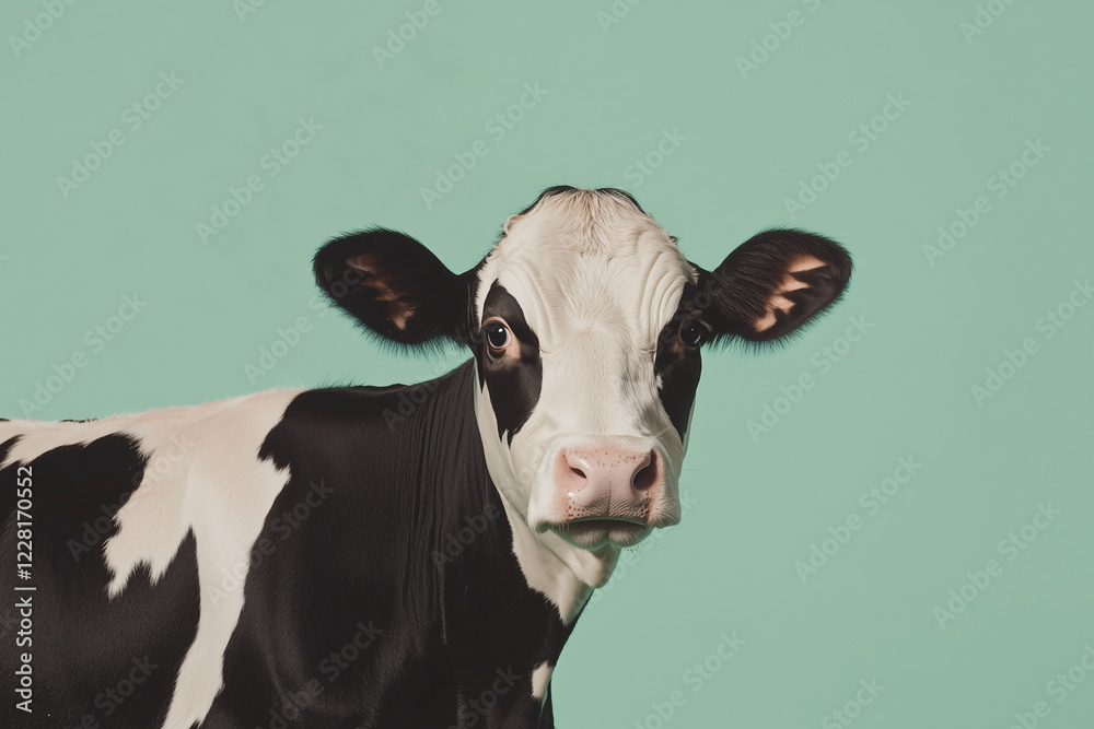 Cow Portrait Against Teal Background: A captivating close-up portrait of a young, black and white cow, set against a serene teal backdrop. Cow Portrait Against Teal Background: A captivating close-up portrait of a young, black and white cow, set against a serene teal backdrop.