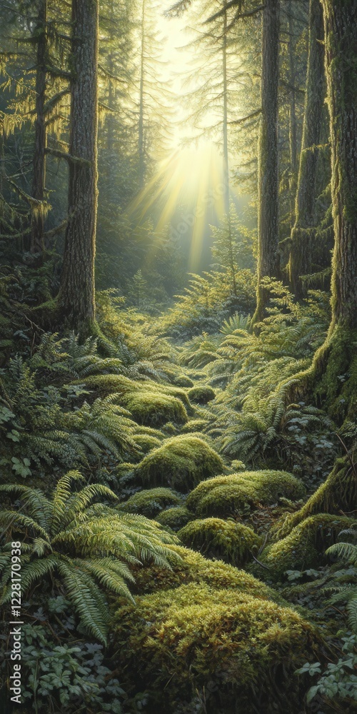 Obraz premium Sunlight filtering through a lush forest during morning hours