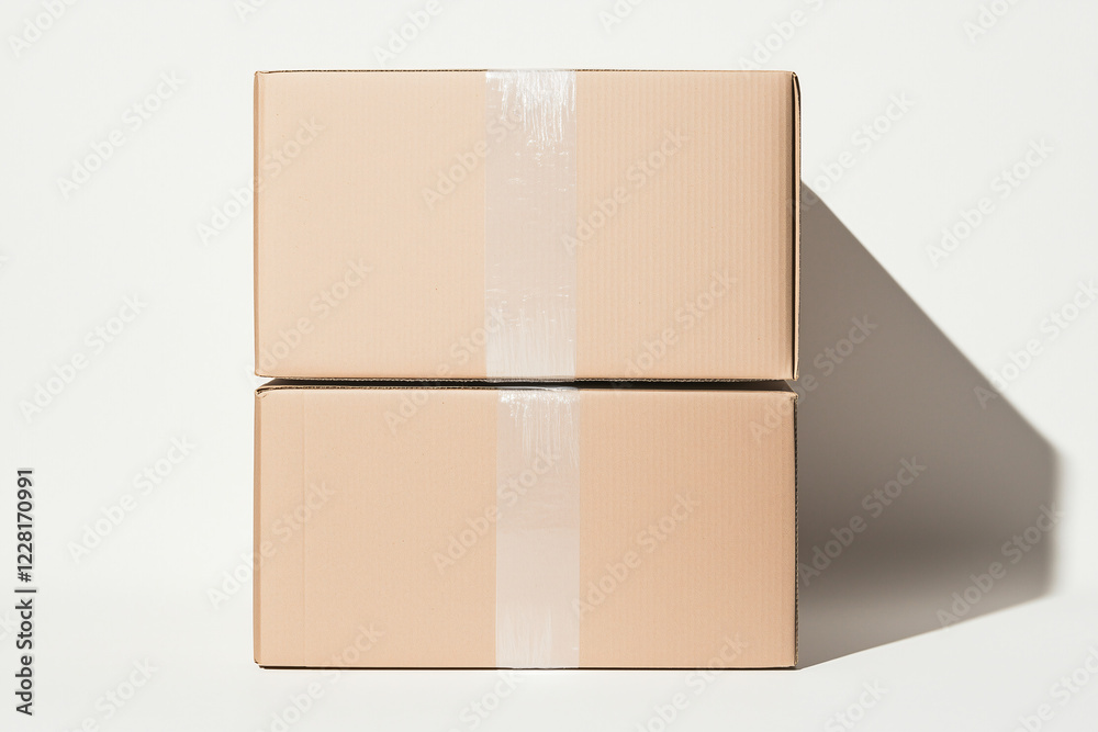 Stacked Cardboard Boxes: Two sturdy cardboard boxes, neatly stacked and secured with packing tape, stand ready for shipping or storage, showcasing a minimalist aesthetic. Stacked Cardboard Boxes: Two sturdy cardboard boxes, neatly stacked and secured with packing tape, stand ready for shipping or storage, showcasing a minimalist aesthetic.