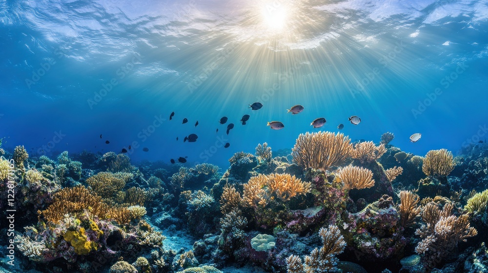 Fototapeta premium Sunbeams Illuminate Vibrant Coral Reef Ecosystem With Fish
