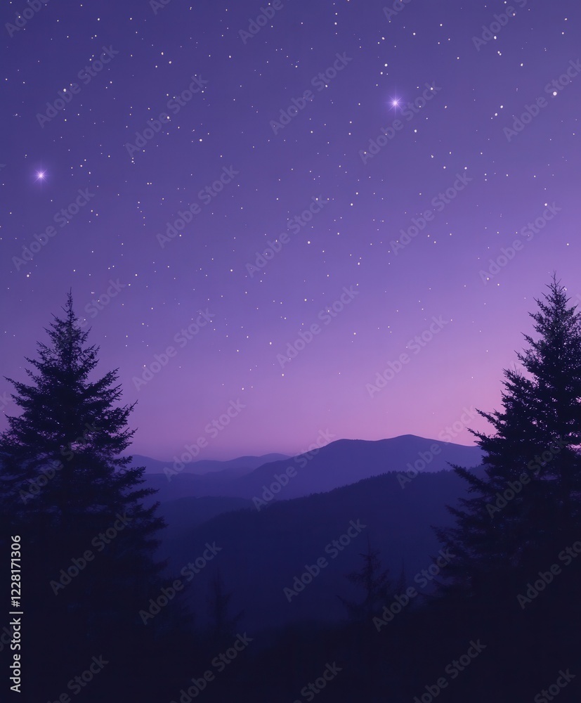 Fototapeta premium Night sky over mountains with stars and silhouettes of trees