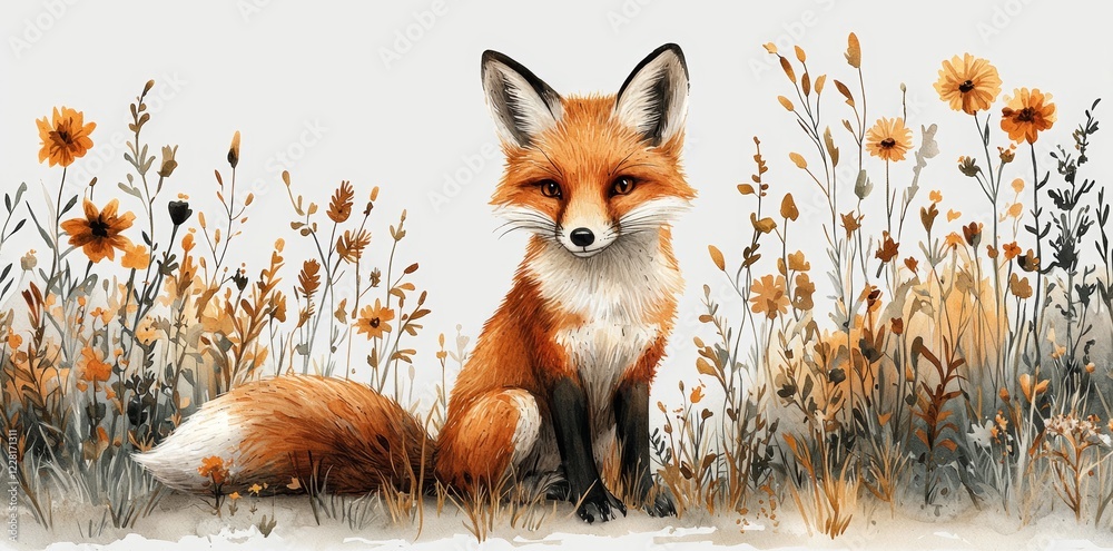 Naklejka premium Stock creates a watercolor style cartoon illustration of a red fox sitting in an autumn grass field, isolated on a white background