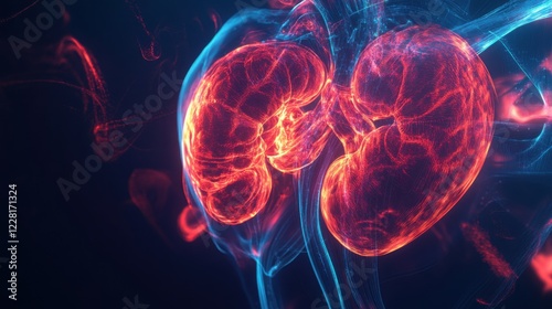 An abstract image of the human renal system with glowing kidneys and dynamic fluid flow patterns against a dark, neon background, Neon style photo